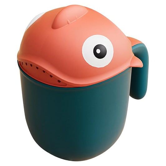 Baby Bath Rinser Cup, Large Capacity Bath Jug for Rinsing Hair with 7-Hole Gentle Shower, Easy-Grip Cartoon Fish Design for Kids Time, Green