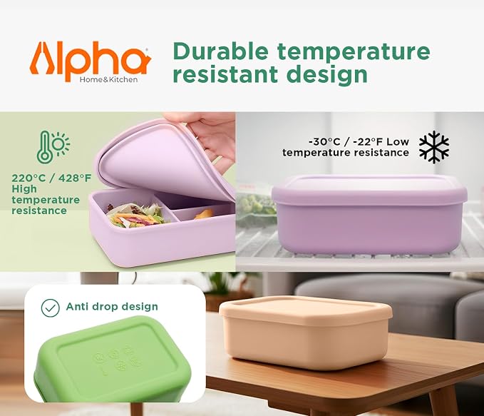 Silicone Bento Box for Kids, 3 Compartment Lunch Box, Small Portions, BPA Free Snack Container, Leak Resistant, Easy to Clean, Dishwasher Safe