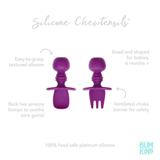 Bumkins Baby Utensils Set, Chewtensils Silicone Spoons for Dipping, Self-Feeding, Baby Led Weaning, Trainer Learning, First Stage Eating, Soft Practice Fork and Spoon, Babies 6 Months, Purple