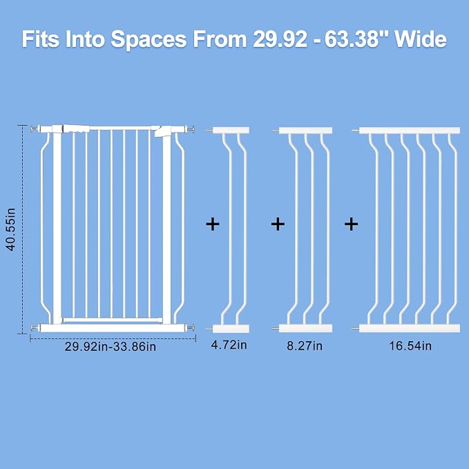 WAOWAO Extra Tall 40.55" Baby Gate 29.92-63.38" Wide Pressure Mounted Walk Through Swing Auto Close Safety White Metal Toddler Child Dog Pet for Indoor Stairs,Doorways,Kitche