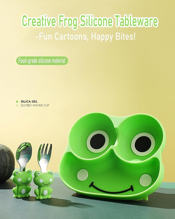 5-Piece Silicone Baby Feeding Set ??Baby Plates with Strong Suction, Toddler Plates Set, Unbreakable Food-Grade Silicone Divided Plate with Spoon, Fork, Bib & Straw Brush