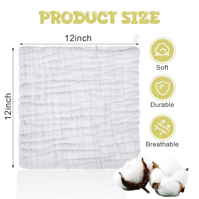 Chumia 30 Pcs Baby Muslin Washcloths Muslin Burp Cloths Baby Towel Natural Cotton Burp Cloths Wipes Soft Newborn Face Towel Absorbent for Face Bath Shower, 12 x 12'' (White)
