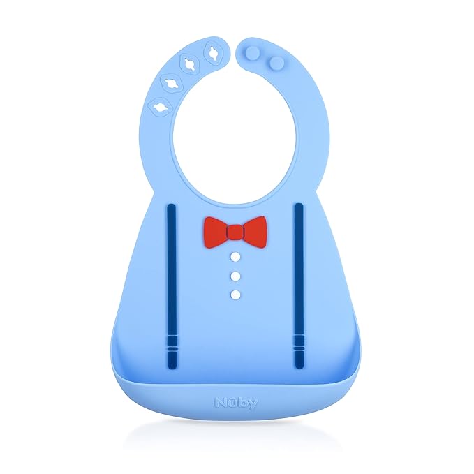 Nuby 3D Soft Silicone Baby Bib with Scoop - Silicone Bib for Toddlers and Babies 6+ Months - Suspenders and Bow Tie