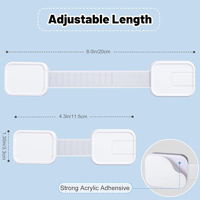 6-Pack Adhesive Baby proofing Strap Locks, Child Proof Cabinet Latches for Drawers, Microwave, Oven, Trash Can, Refrigerator, Toilet Lid, Adjustable No Drilling Need