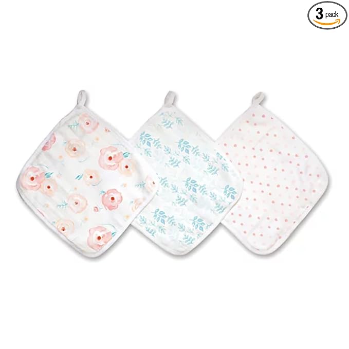 aden + anais Essentials Washcloth 3-Pack, Super Soft 100% Cotton Muslin, Gentle on Skin, 3 Absorbent 11x11 Layers, Softer with Every Use, Perfect for Babies, Infants, Toddlers, Full Bloom