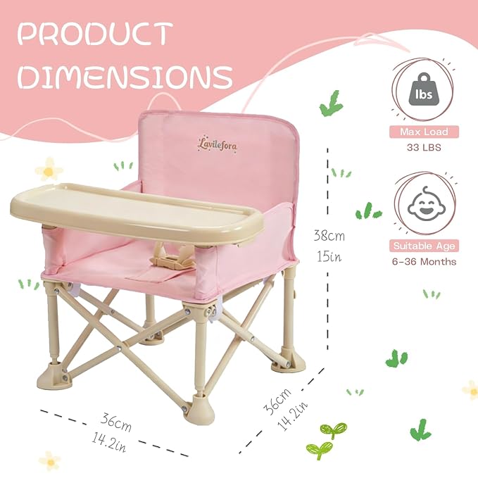 Portable Baby Chair,Portable 3-in-1 Baby Booster Seat with Tray,Folding Toddler High Chair for Travel,Camping, Home & Dining, Easy to Clean & Store, Safe with Child Safety Belt Carry Bag(Pink)