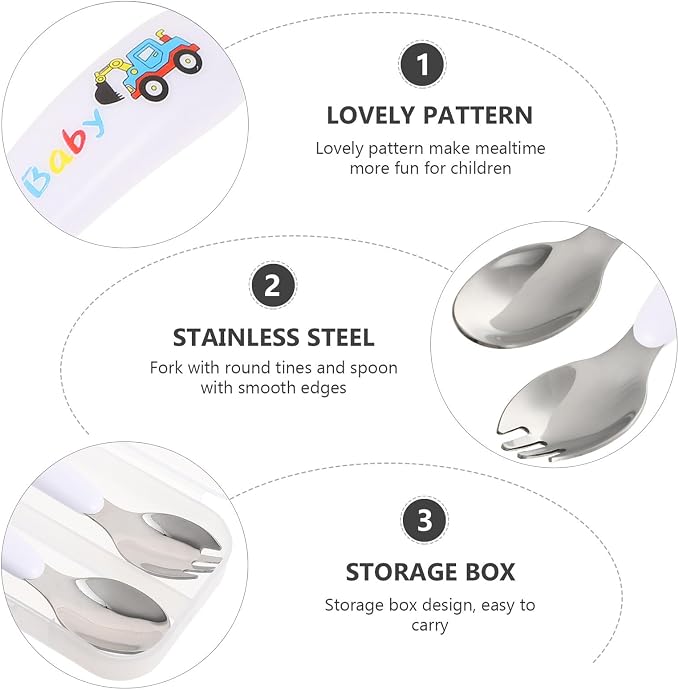 Nonslip Fork and Spoon with Stainless Steel Tableware Safe Rounded Edges for - Includes Portable Storage Box for Newborns and Training