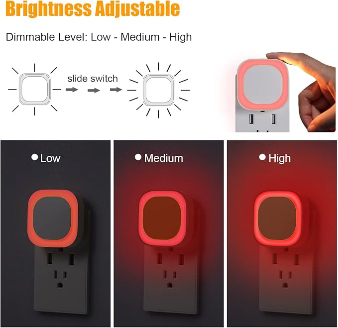 YUNLEX 4 Pack Red Night Light with Dusk to Dawn Sensor, Eye-Care Reflected Glow, 0% Blue Light True Red LED, 3-Level Brightness, Auto On/Off, Plug-in Nightlight for Sleep, Kids, Bedroom, Bathroom