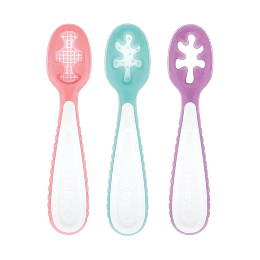Nuby 3-Stage Baby's First Spoons Set - 3 Pack - 6+ Months - Baby Spoons with Easy Grip Handle - Encourages Self-Feeding - Rose/Aqua/Violet