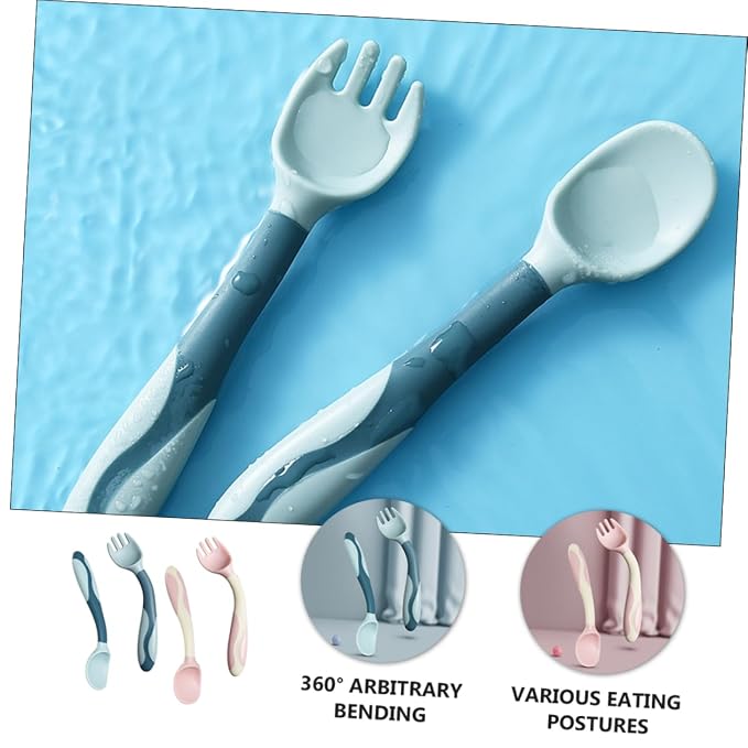 Alipis 2 Sets Bendable Utensils Flexible Silicone Fork Spoon for Non Slip Handle Portable Food Grade Tableware for Complementary Food Training