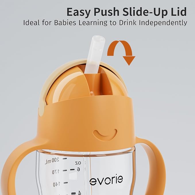 Evorie Tritan Weighted Straw Sippy Cup with Handles for Baby and Toddlers, Spill Proof Baby Water Bottle with Straw for 6 Months and up, 7 Oz, Infant Training Water Bottle (Apricot)