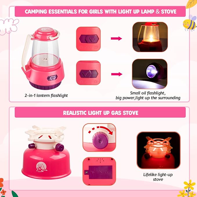 Meland Kids Camping Set for Girls - Camping Tent Toys for Girls Indoor Outdoor Pretend Play, Christmas Birthday Gift Idea for Toddler Girl Age 3,4,5,6 Year Old