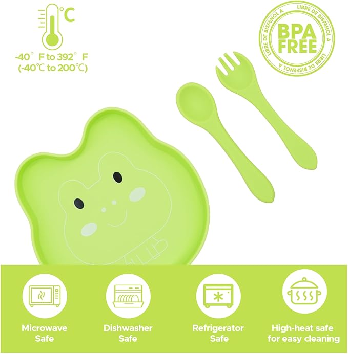BabyX Baby Silicone Feeder Set, 3-pcs Home Critter-themed Baby Plate with Suction, Spoon and Fork for Babies Toddler Kids, BPA-Free, Baby Utensils Feeding Supplies, Microwave and Dishwasher Safe