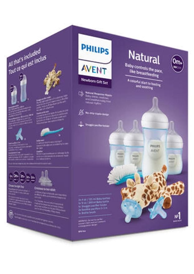 Philips Avent Natural Baby Bottle with Natural Response Nipple, Blue Baby Gift Set with Snuggle, SCD838/04 (Pack of 2)