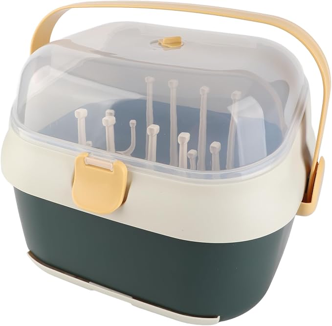 Baby Bottle Drain Rack, Feeding Cup Holder, Portable Large Capacity Toddler Bottles Storage Box with Lid Cover, Multifunctional Anti Dust Cutlery Storage Drying Rack for Teats, (New Green)