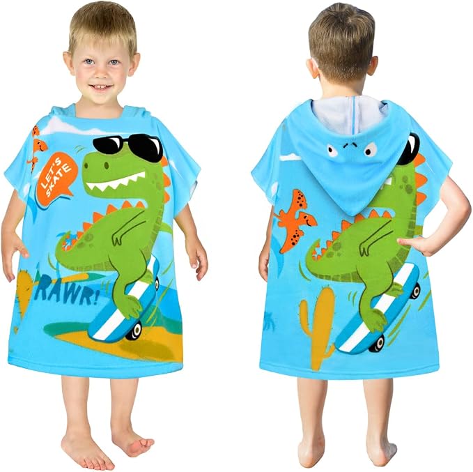 HUANLANG Kids Hooded Pool & Bath Poncho, Super Soft & Absorbent Cotton Towel, Dinosaur Beach Towels for Toddlers 0-7 Years Old