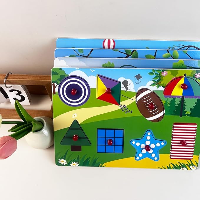 Peg Puzzle Set of 4 (32 pcs), Wooden Knob Puzzles for Toddlers, Vegetables, Fruits, Geometry Shapes and Beach Toys, Preschool Educational Cognitive Gifts.