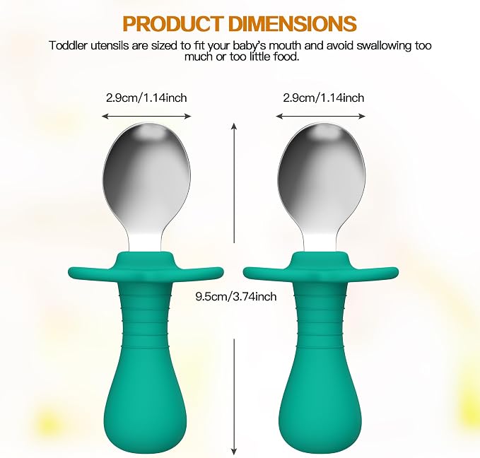 Baby Spoons Toddler Spoons for Self Feeding, Kids Spoons with Silicone Round Handle, Stainless Steel Toddler Utensils Children Safe Silverware Set, Anti-Choke Design, BPA Free (Grey, Lite Blue)