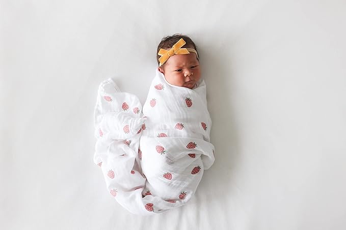 Lulujo Baby Swaddle Blankets | Unisex Softest Breathable Cotton Muslin Swaddle Blanket Set | Neutral Receiving Blanket for Girls & Boys | 40in x 40in | Strawberries & Ballet Slipper | 2-Count