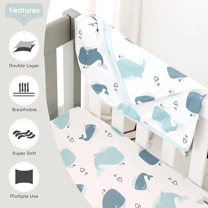 GRSSDER Baby Blankets Super Soft Jersey Knit Swaddle Blanket for Baby Girls and Boys, Double Layer Receiving Blankets 34 x 44 Inches Extra Large for Baby Swaddling, Lovely Whale