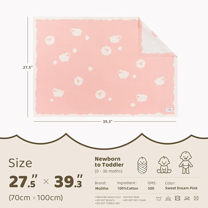 100% Cotton Baby Blanket Ultra Cozy Soft Newborn Swaddle for Boys and Girls, Gentle on Skin, Machine Washable Perfect Registry Essential Sweet Dream Pink