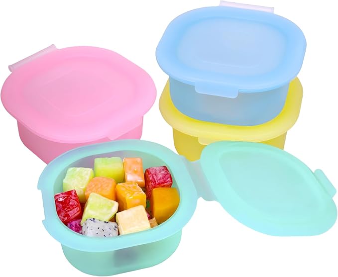 4 Pack Reusable Translucent Silicone Snack Containers with attached Lids,Leak-Proof Snack Box Cheese Containers, Egg Poacher Cups for Sqaure Breakfast Egg