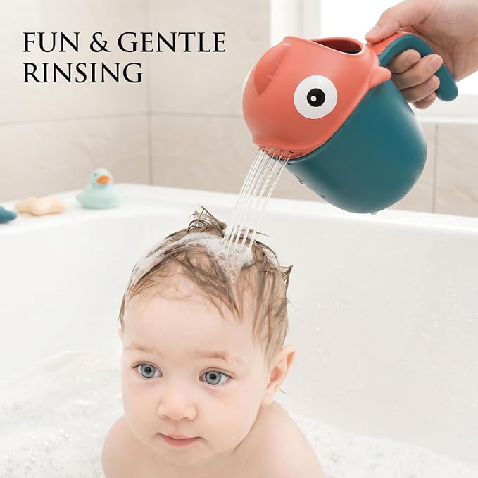 Large Capacity Baby Bath Rinser Cup with 7-Hole Gentle Shower, Easy-Grip Cartoon Fish Design for Kids, Bath Cup for Rinsing Hair, Time Essential