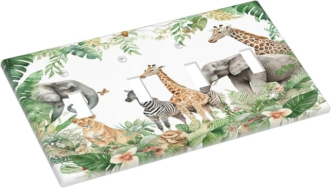 Tropical Leves Safari Animals Giraffe Elephant Zoo Light Switch Covers Quad Toggle Electrical Faceplate 4 Gang Wall Plate Decorative Switch Plates Cover for Kids Room Nursery Decor