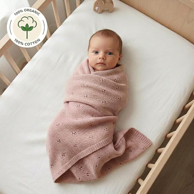 100% Organic Cotton Pointelle Knit Baby Girl Quilt – Lightweight, Breathable Swaddle Blanket for Newborns | Baby Registry Essential & Gift (Blush)