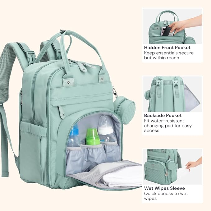 BabbleRoo Diaper Bag Backpack - Baby Essentials Travel Bag - Multi Function Water Resistant Diaper Bag, Travel Essentials Baby Bag with Changing Pad, Stroller Straps & Pacifier Case ??Sage Green