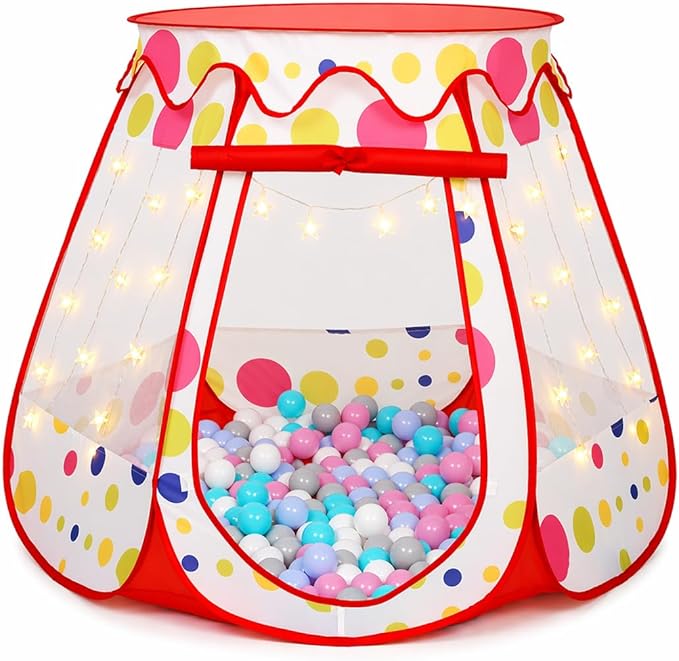 PopUp Princess Tent, Toddler Girl Toys Baby Ball Pit with LED Star Lights, Foldable Kid Play Tent with Carrying Bag, Indoor Outdoor 1 2 3 Year Old Girls Toy Gift for Birthday/Christmas, Red