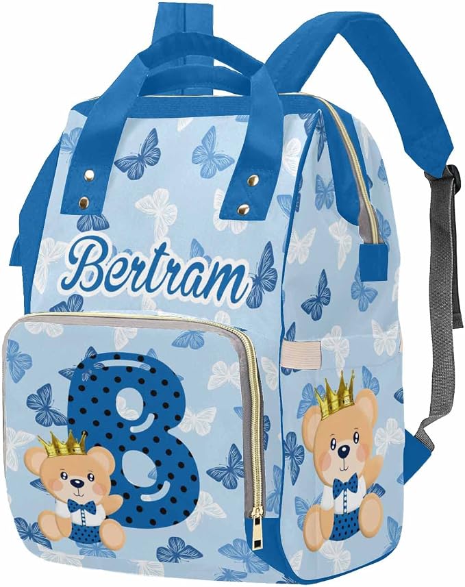 M YESCUSTOM Diaper Bag Custom Name Letter Personalized Blue Butterfly Diaper Bag with Cartoon Prince Bear Suits for Women Travel Outdoor Use