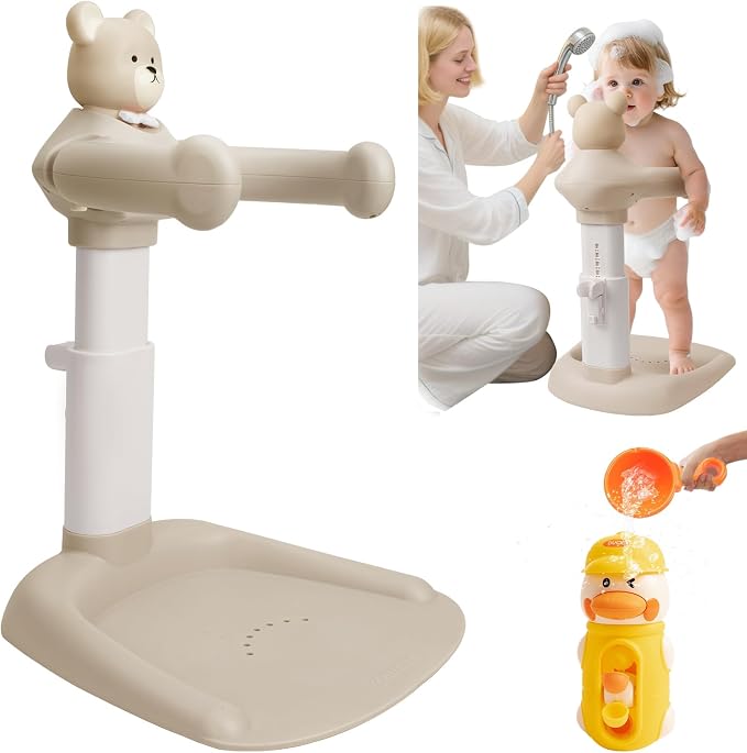 2-in-1 Adjustable Baby Shower Support Set Bear Design with Little Toy Duck | Bathroom Safety Standing Infant Shower Chair & Bather Station | Portable Non-Slip Bathing Stand for 6-48 Months
