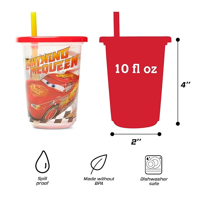 The First Years Cars Take & Toss Toddler Straw Cups Party Pack - Spill Proof Toddler Sippy Cups with Snap-On Lids and Straws - Cars Party Supplies - 10 Oz - 10 Count