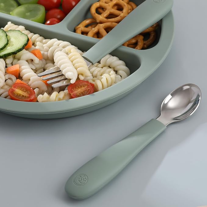 CoixFoam 8 Pieces Toddler Utensils, Toddler Safe Silverware Set With Food Grade Silicone Hanlde, 18/8 Stainless Steel, Perfect Length For New Self Feeders, Dishwasher Safe
