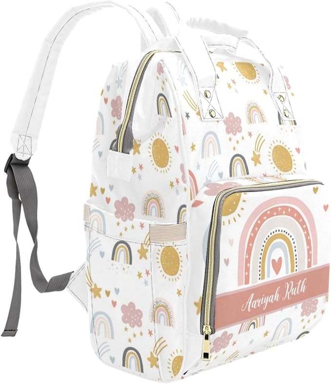 Custom Baby Diaper Bags with Name, Rainbow Personalized Diaper Bag Backpack Mommy Bag Diaper Nappy Bags Casual Daypack Travel Shoulder Bag for Mom Dad Multi Color