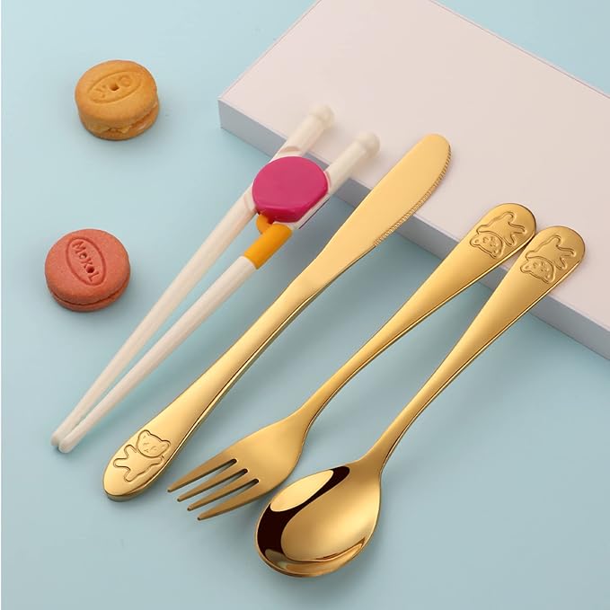 Stainless Steel Kids Utensils with Training Chopsticks | Toddler Silverware | Kids Silverware | Spoon + Fork + Knife + Chopsticks set | 4-12 Years+ | 20 Pieces | Dishwasher Safe | Multi Color