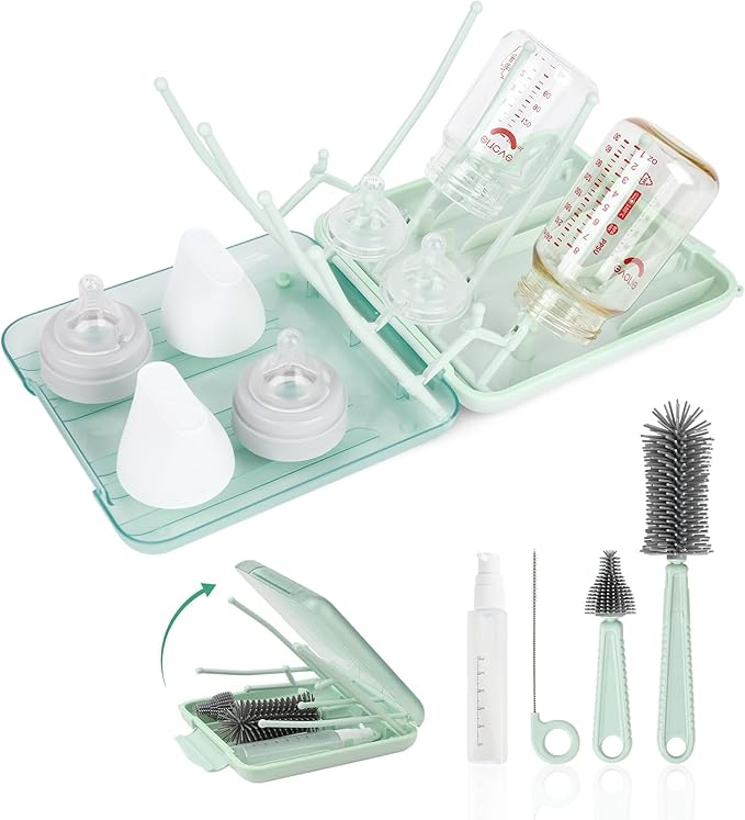 Baby Bottle Brush Set, 6-in-1 Travel Bottle Cleaning Kit with Silicone Bottle Brush, Nipple & Straw Brush, Soap Dispenser, Drying Rack, Storage Box ??Compact Travel Baby Essential for Home & On-The-Go