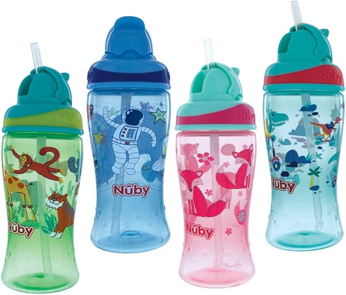 Nuby Thirsty Kids No-Spill Flip-it Printed Boost Cup with Thin Soft Straw - 12oz, 18+ Months, 1 Pack Print May Vary