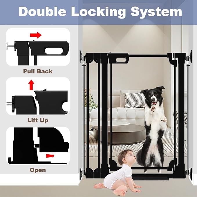 40" Clear Tall Dog Gate with Door, 29.5-47.2" Transparent Wide Baby Gates for Large Pet Cats, Walk Thru Extra High Doggie Gates Doorways Stairs Indoor, Pressure Mounted Safety Gates, Black