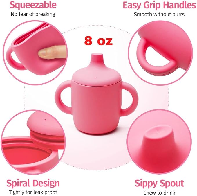 8 Oz Silicone No Spill Sippy Cups For Toddlers and Babies | Dishwasher and Microwave Safe | 2 Pack (Pink/Gray)
