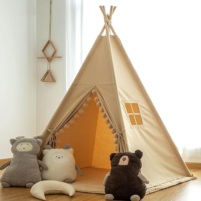 RONGFA Teepee for Kids Tent Indoor with Floor Mat,Carry Bag,Banner,Play Cottage with Star Light, Cotton Canvas Kids Teepee Tent for Girls & Boys, Pompom Ball Design, Foldable Teepee Tent