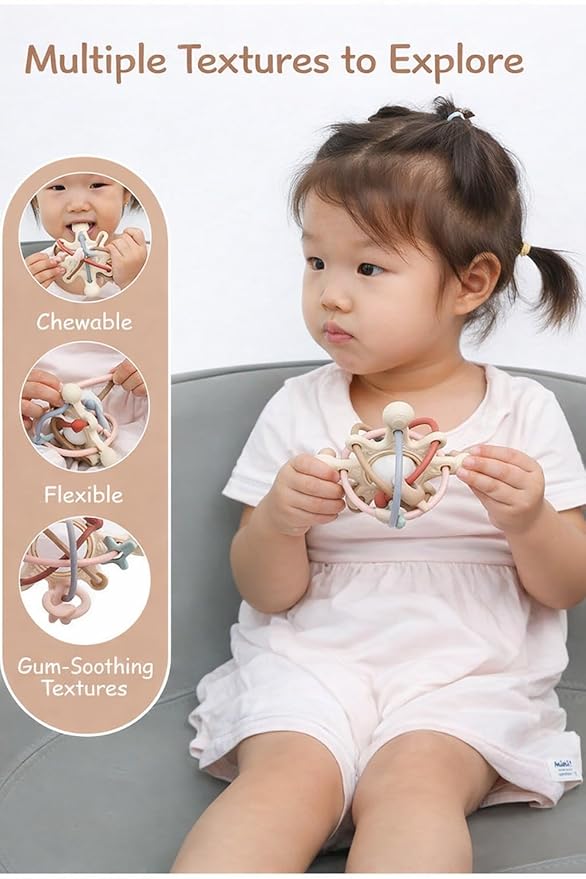Cosmo Silicone Baby Rattle Teether ??Pastel | BPA-Free 3D Sensory Teething Toy | Multi-Textured Chewable Arms & Pullable Rings | Food Grade Silicone | Developmental Grip Toy 3-36 Months