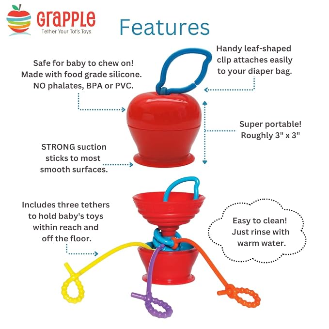 Grapple, the Baby Suction Cup Toy Holder for High Chair, Stroller and Teething Toys for Babies 6-12 Months. One of Your Baby Must Haves!