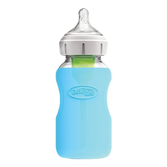 Dr. Brown's Options+ Wide-Neck Glass Bottle Sleeve, 100% Silicone, Blue, BPA-Free, 9 oz, 1-Pack