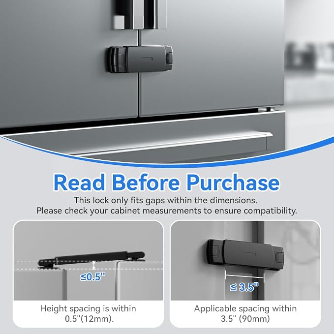 SAFELON 1 Pack Baby Safety French Fridge Door Lock, Childproof Double Door Refrigerator Lock, Cabinet Cupboard Lock for Toddlers & Babies, Easy to Install (Black)