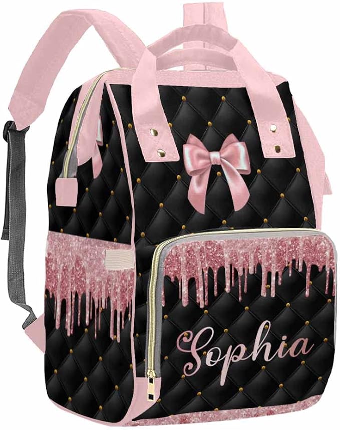 InterestPrint Custom Name Diaper Bag Personalized Pink Glitter Bowknot Nursing Bags Backpack with Name Customized Mummy Nappy Bag Shoulders Bag Casual Daypack Travel Bag for Women Men