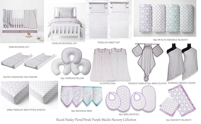 Bacati - 4 Pack Baby Blanket Swaddle Wrap Soft Breathable Cotton Muslin Swaddle Blankets Receiving Blanket for Girls, Large 45 x 45 inches (Petals/Floral Lilac/Aqua)