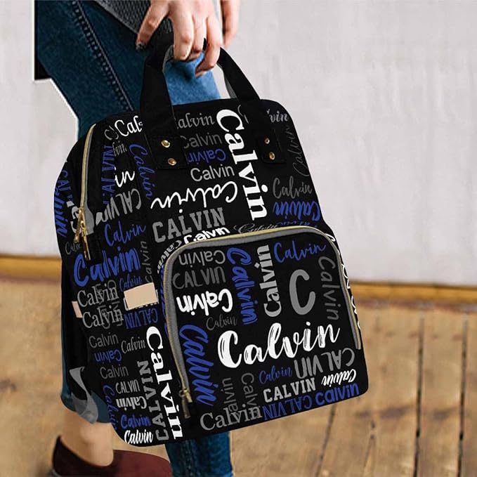 Artsadd Personalized Diaper Bag with Name, Customized Black and Blue Monogram Nappy Backpack with Thermal Pockets Multi-function Baby Bags Handbag Shoulder Bag for Girls Boys