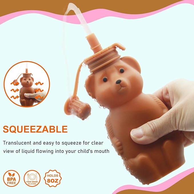 Mootikar Honey Bear Silicone Straw Cup, Babies Water Drinking Cup, 8-Ounce Therapy Sippy Bottles for Speech and Feeding Training, BPA Free & Dishwasher Safe (BROWN)